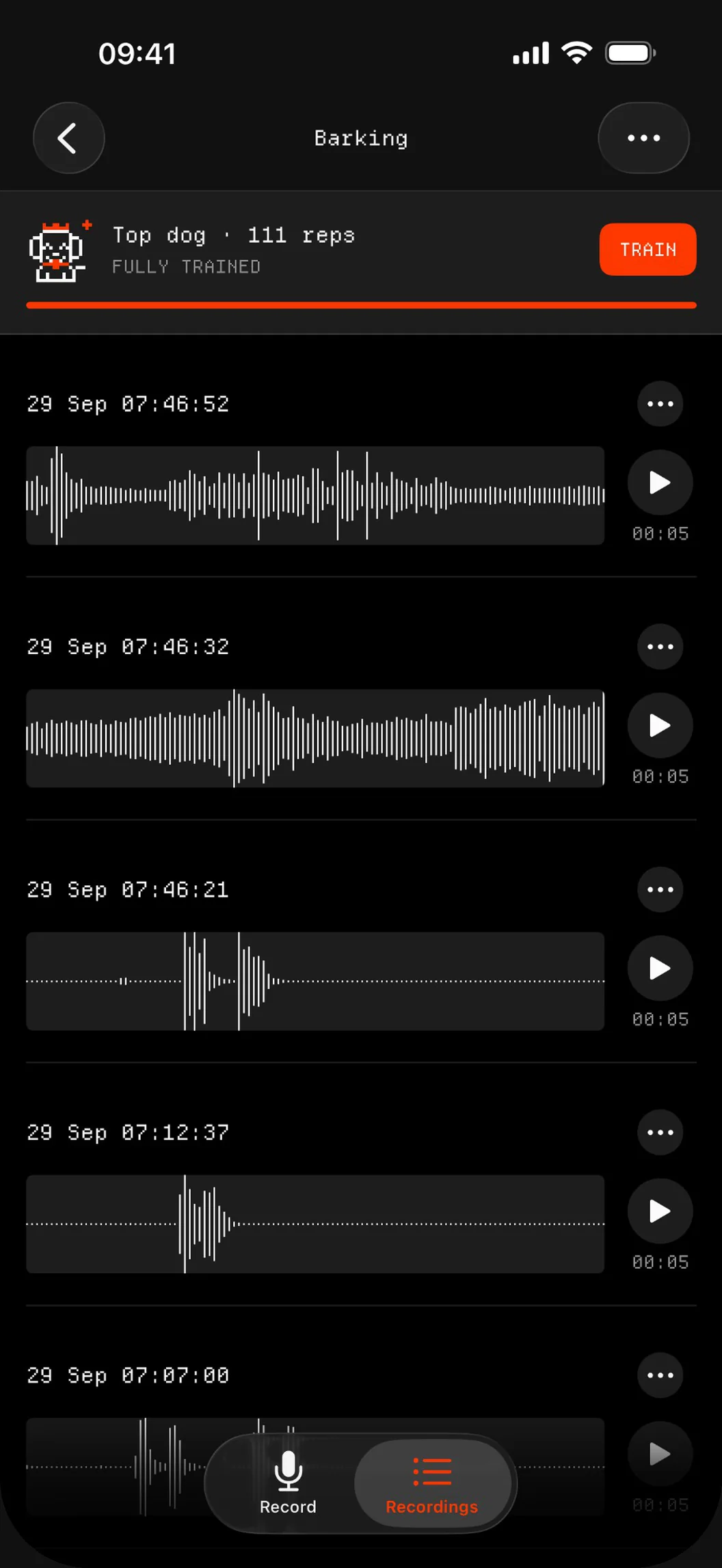 The Barking folder: every clip with its waveform, ready to play