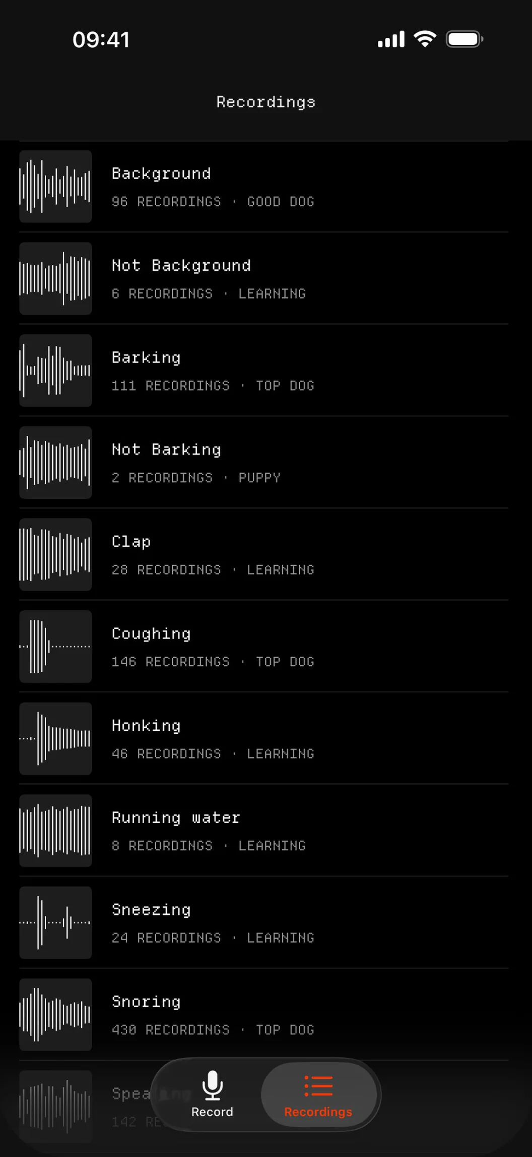 The recordings list: one folder per sound, each with its level