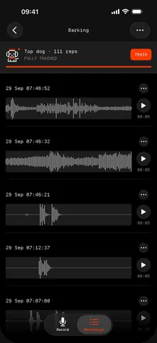 Annotate Audio screen: The Barking folder, clip by clip