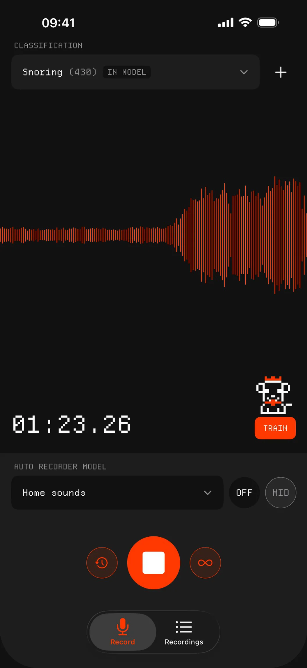 Recording a sound on the record screen with a live waveform