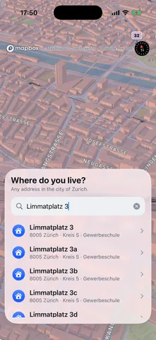 MiniZürich screen: Setting the home address