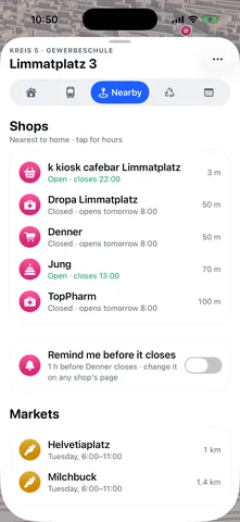 MiniZürich screen: Nearby: shops with their opening hours, and markets