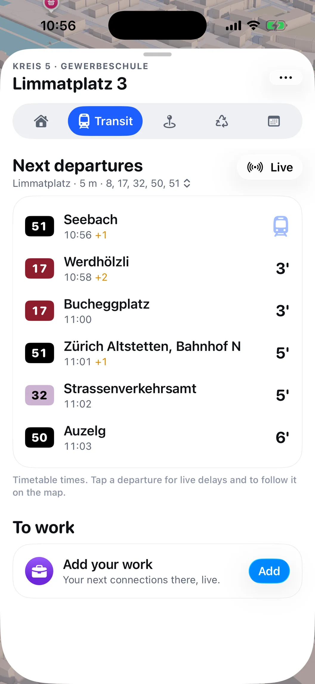 MiniZürich's next departures from Limmatplatz with live delays: lines 51, 17, 32 and 50, and the To work card