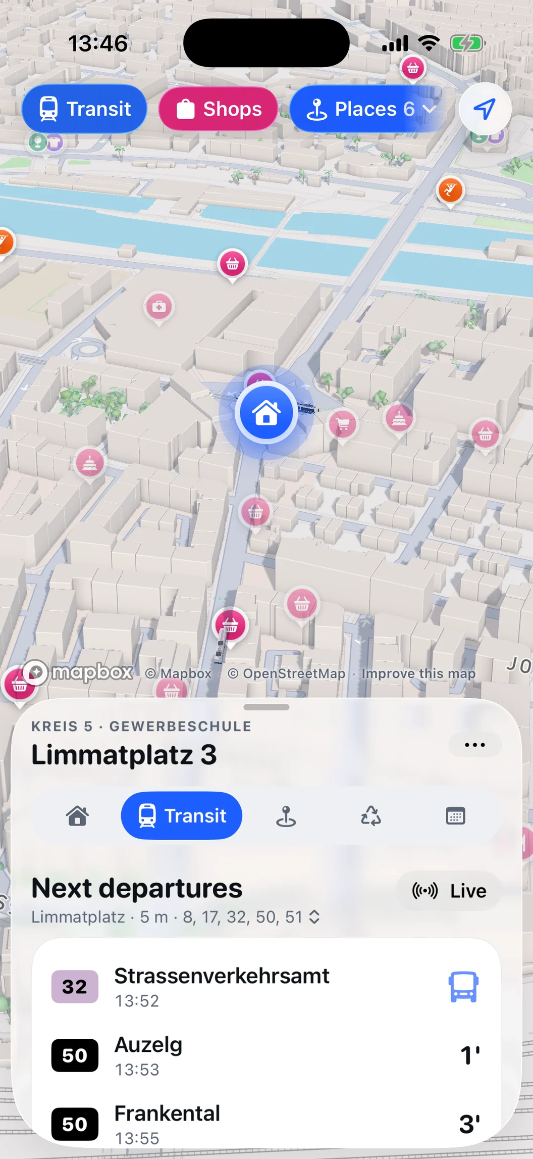 MiniZürich's 3D map around Limmatplatz 3 on a clear day, with the next departures below