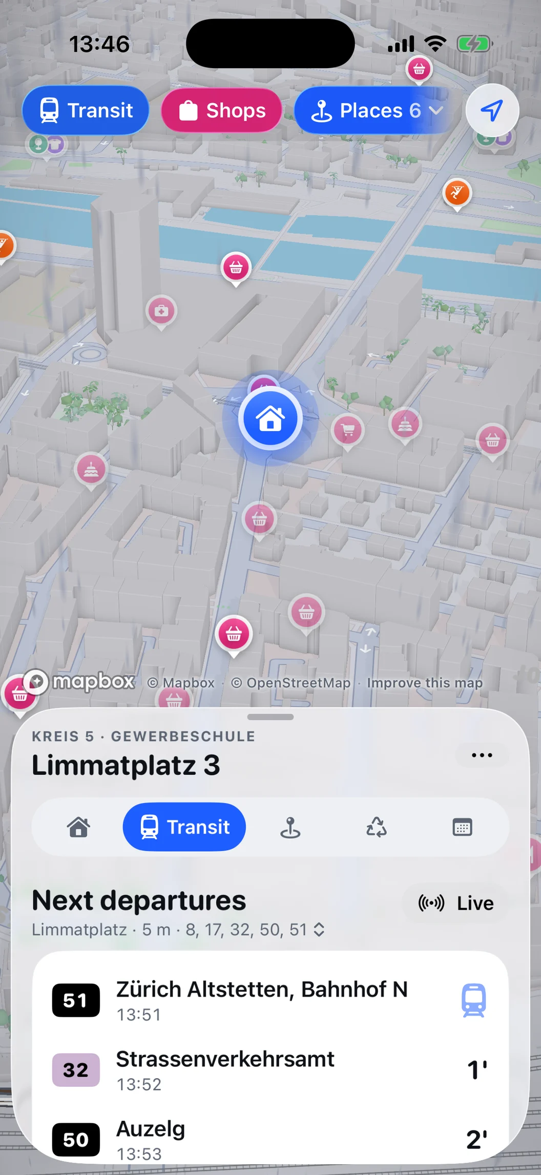 The same MiniZürich map view in rain, under an overcast sky