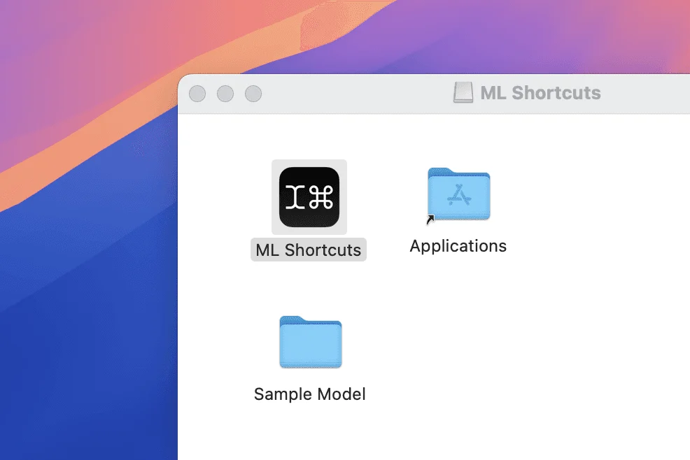 The ML Shortcuts disk image with the app, the Applications folder and a Sample Model folder