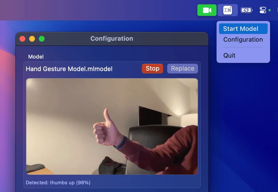 The menu bar menu with Start Model, and the camera detecting a thumbs up at 98 %