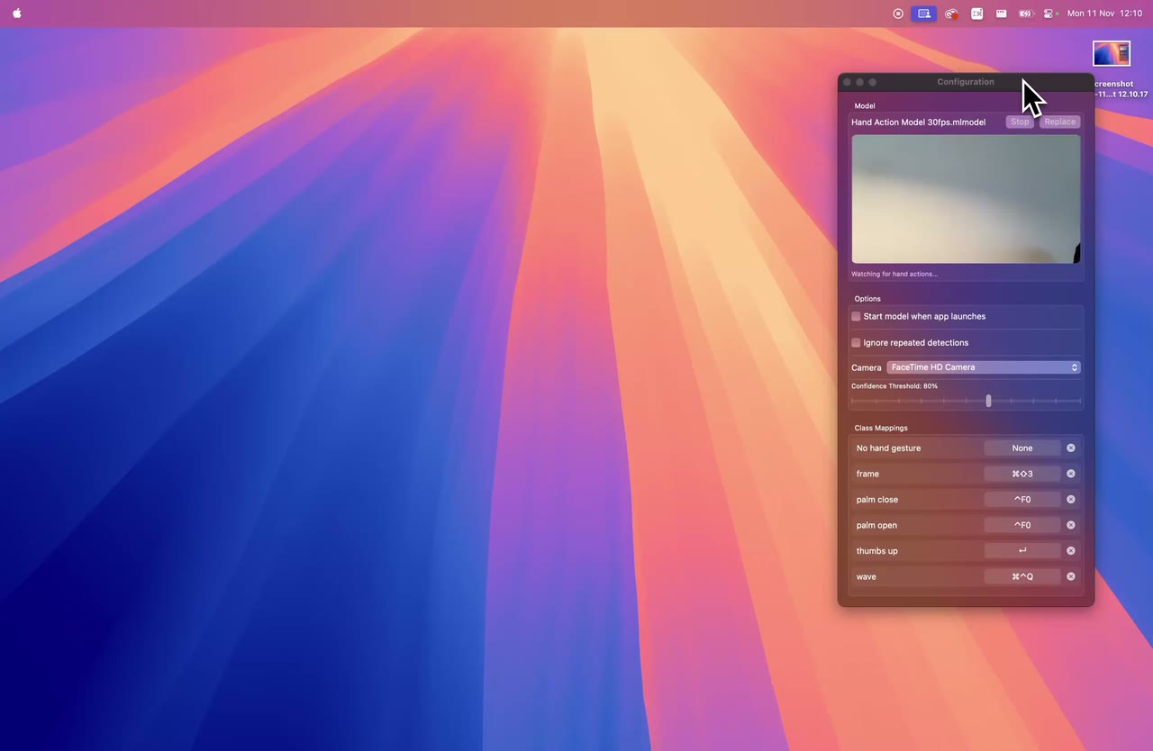 ML Shortcuts screen recording: The app detecting hand actions