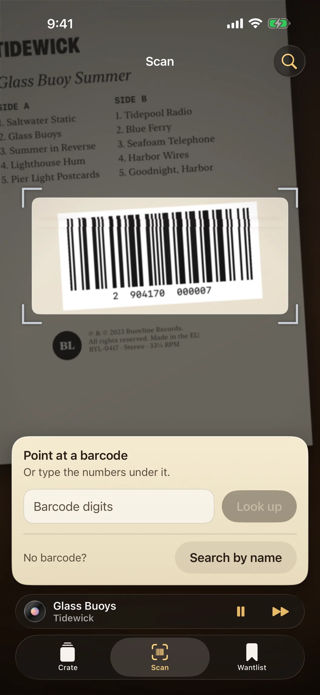 Recs scanner on iPhone reading the barcode on the back of Glass Buoy Summer by Tidewick