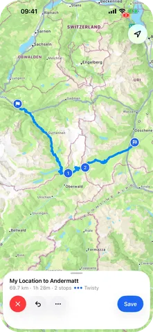ScoutRoute screen: Planning a Twisty route over two passes