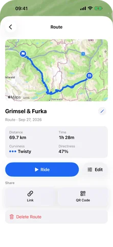 ScoutRoute screen: Route details: curviness, share as a link or QR code