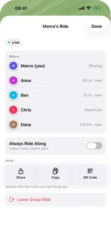 ScoutRoute screen: A live group ride with five riders