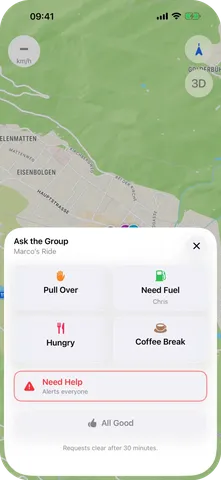 ScoutRoute screen: Ask the Group: Pull Over, Need Fuel, Hungry…