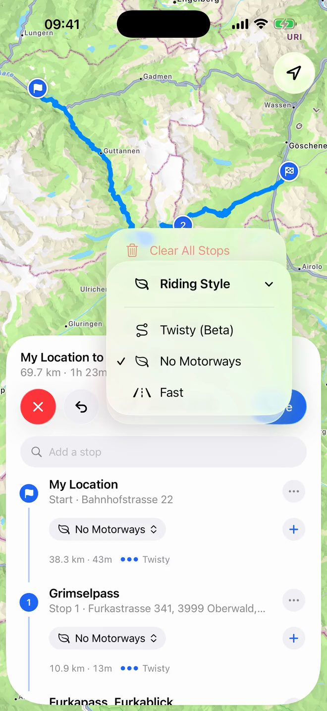 ScoutRoute screen recording: Switching the riding style to Twisty