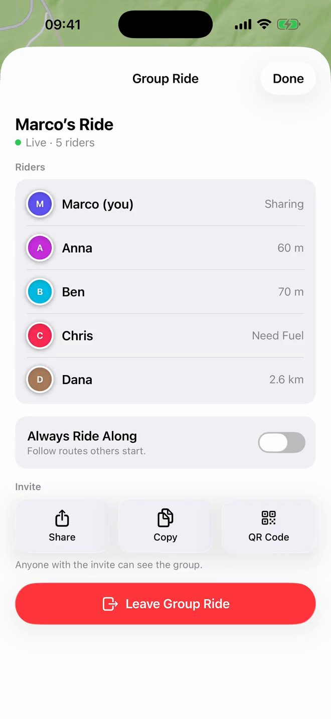 ScoutRoute screen recording: Inviting riders by QR code