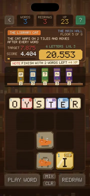 Scramble gameplay screen: A 20,553-point word