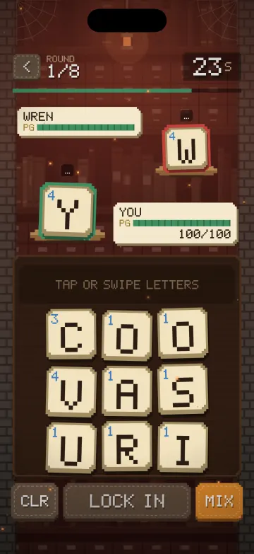 Scramble gameplay screen: Word Battle against Wren