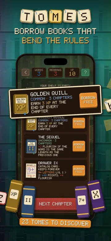 Scramble App Store screenshot: Borrow tomes