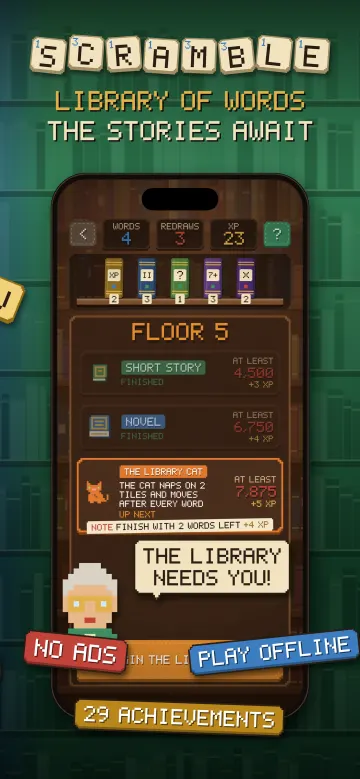Scramble App Store screenshot: The library awaits