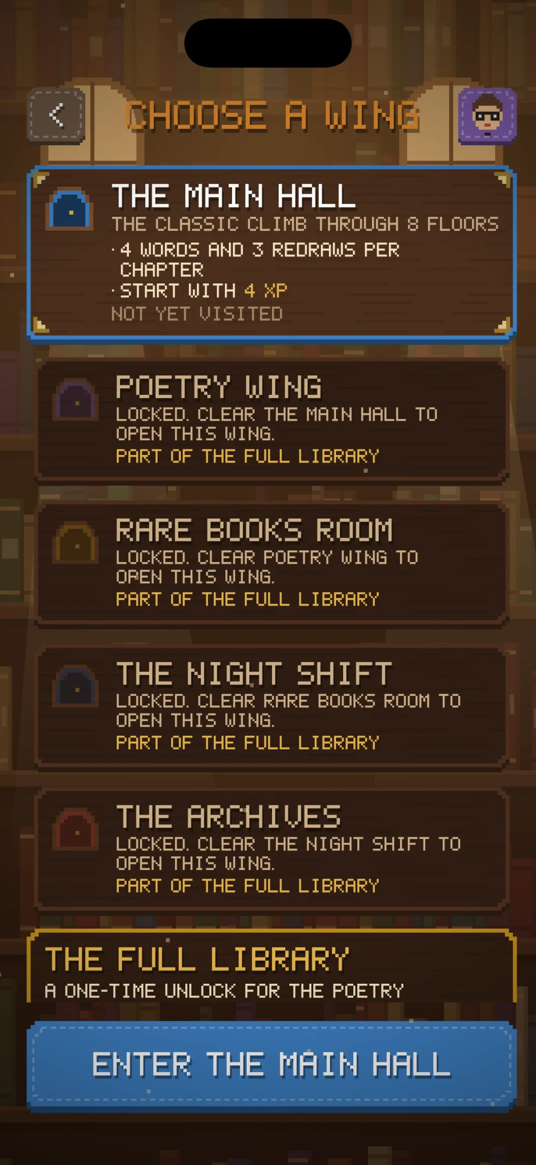 Scramble's wing picker: the Main Hall is open; Poetry Wing, Rare Books Room, Night Shift and Archives come with the Full Library