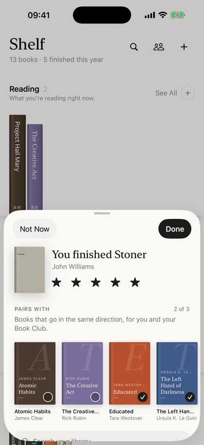 Shelf screen: Finishing a book: stars and Pairs With