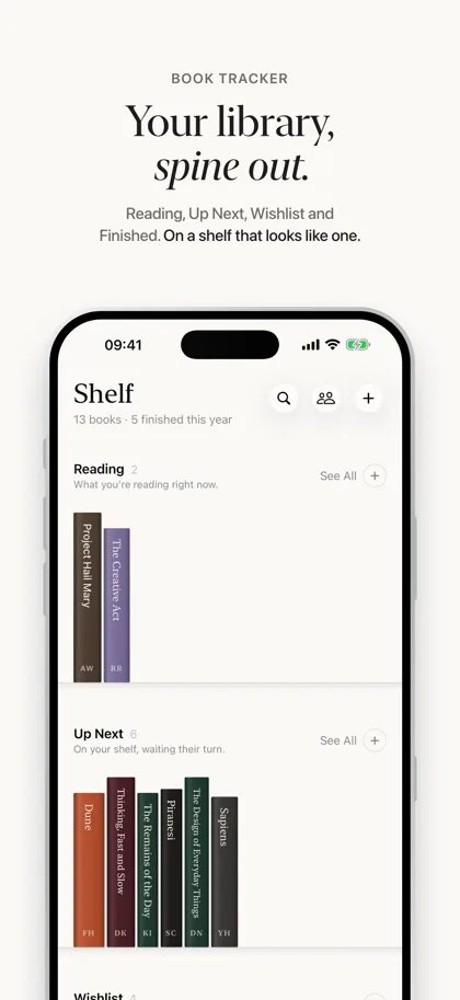 Shelf App Store screenshot: Your library, spine out.