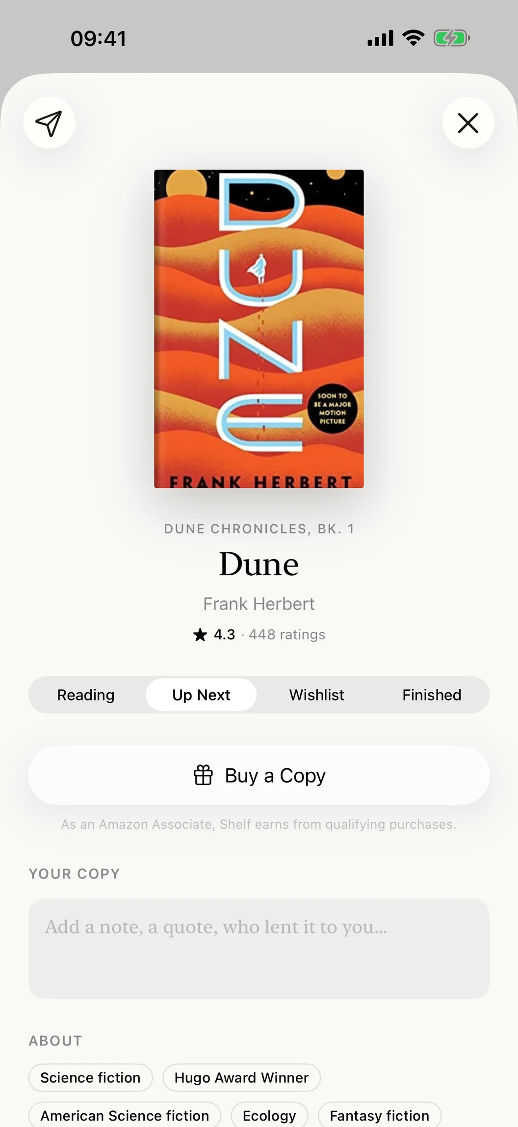 Shelf on iPhone: the page for Dune by Frank Herbert, with its cover, summary and details