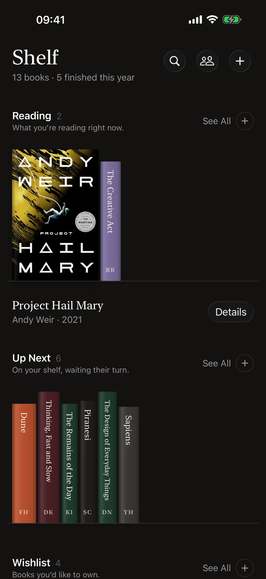 Shelf on iPhone in dark mode: the library on night paper, books spine out